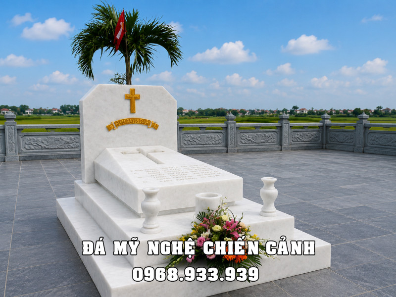 Mẫu Mộ Công giáo đá trắng nguyên khối, thiết kế 3 cấp